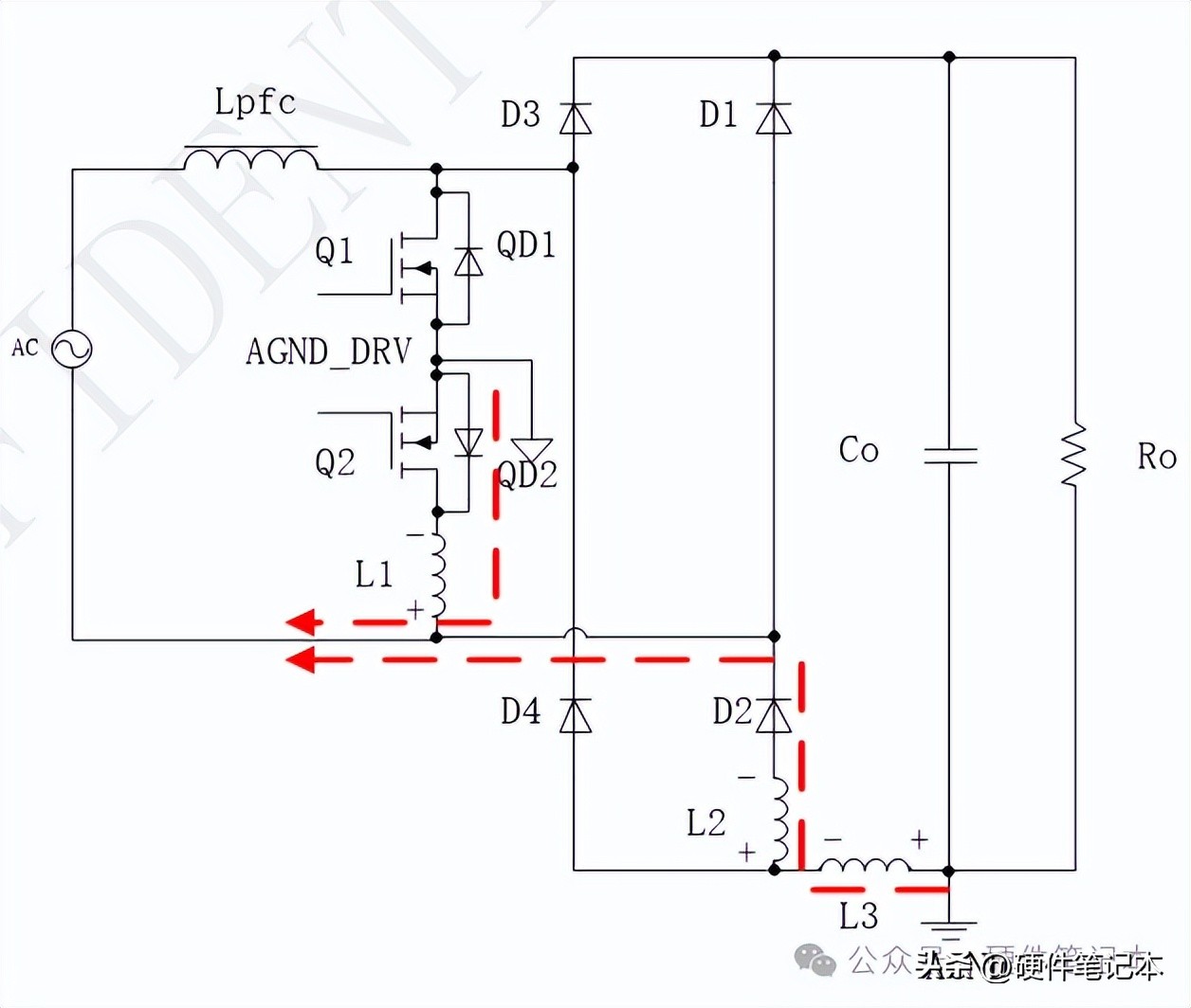 图7 交流输入正半周，MOS管关断换流期间产生负压的机理