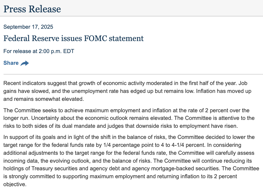 图说：FOMC发布的声明 来源：美联储网站