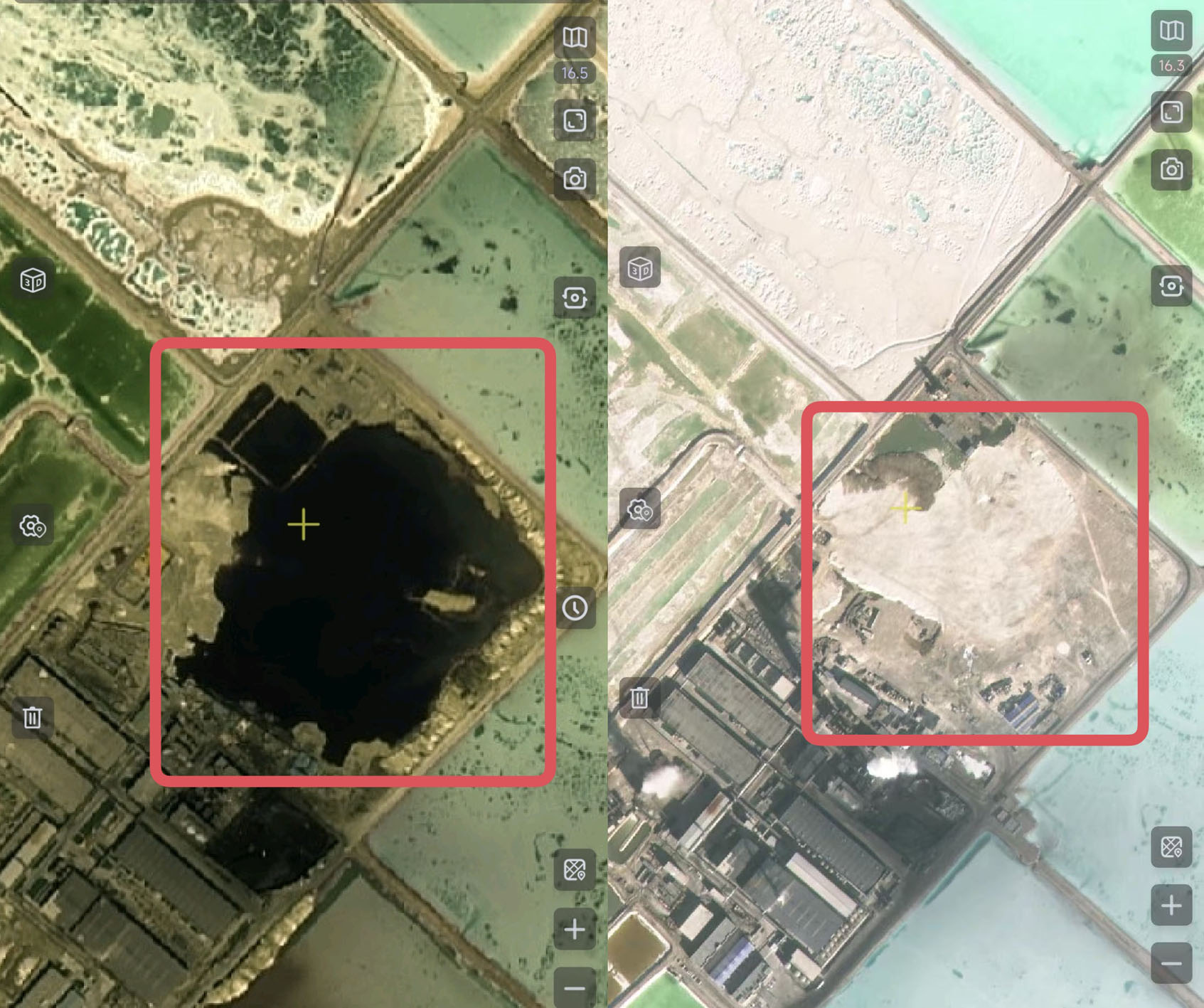 2022年4月的兴华公司厂区卫星遥感影像和当前卫星遥感影像对比，红框处为湖泊区域。资料照片