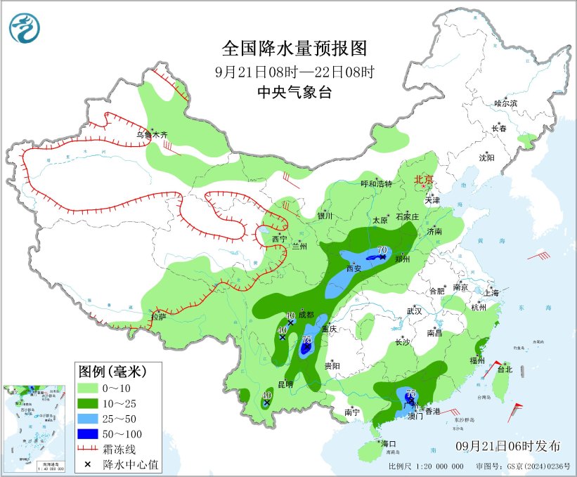 图1 全国降水量预报图（9月21日08时-22日08时）