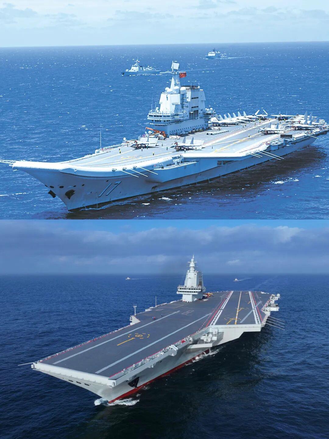 △上图为山东舰，甲板向上翘起，下图为福建舰，电磁弹射起飞的甲板呈平直状态。