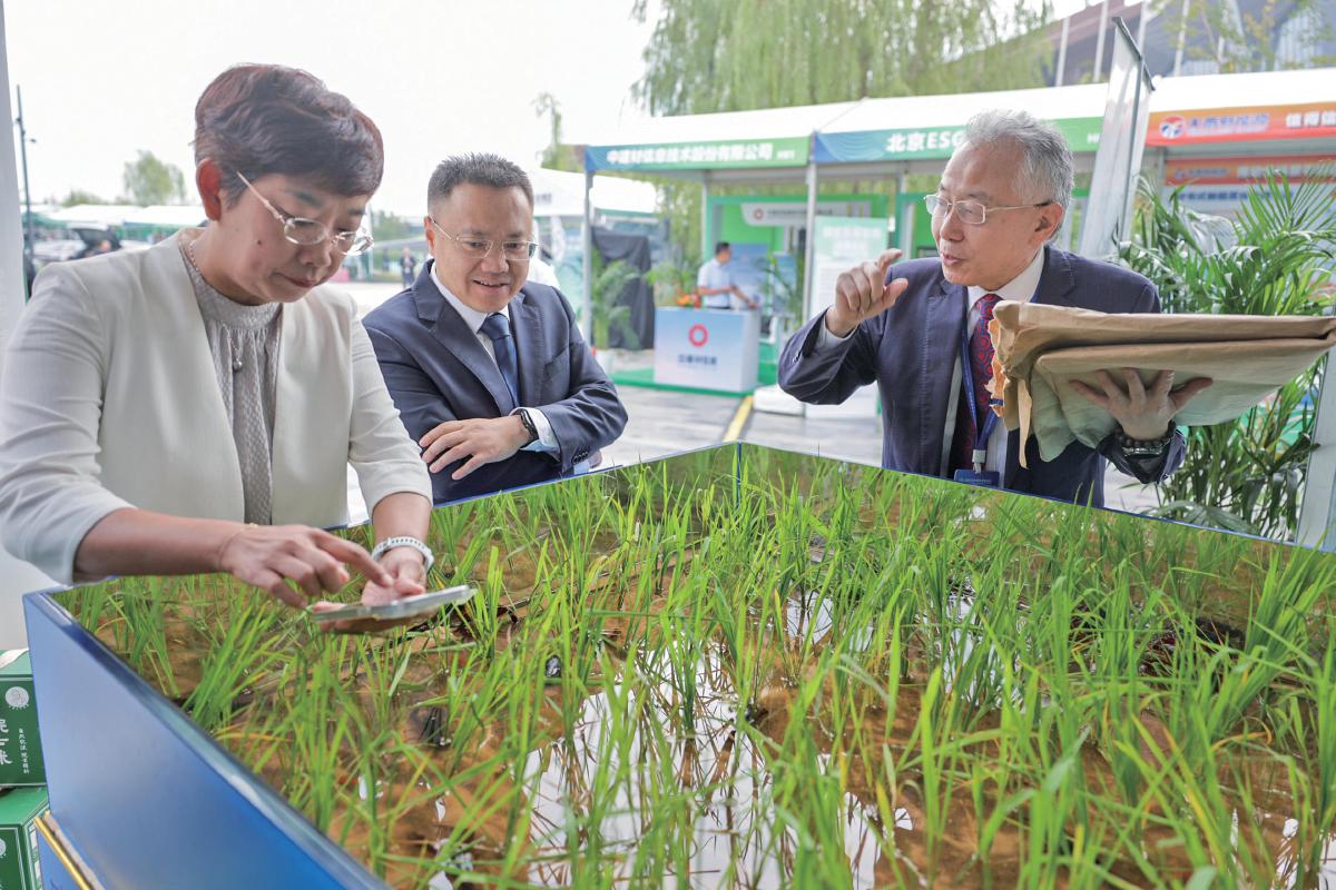 9月22日，2025北京绿色产业博览会现场，嘉宾正在讨论新型农业技术。　　本版图片/新京报记者　王子诚　摄