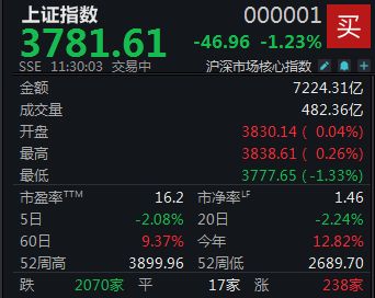 半日下跌1.23%，沪指失守3800点