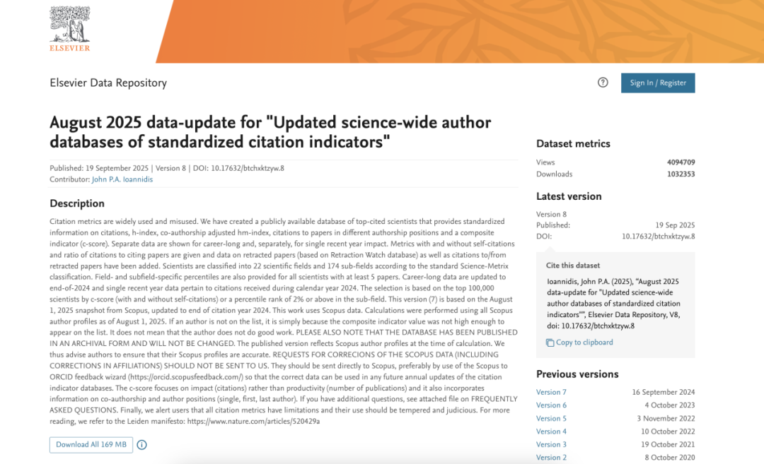 榜单发布截图（图源：Elsevier Data Repository）