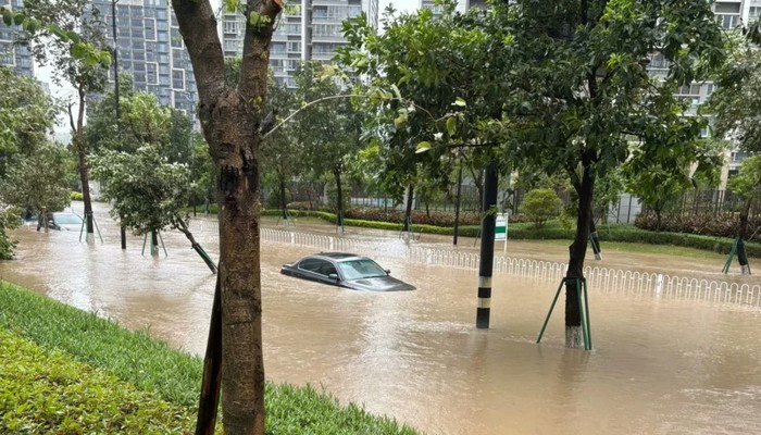 唐家半島前環(huán)片區(qū)附近，海水倒灌導(dǎo)致車輛被淹。圖片來源：林子靖供圖