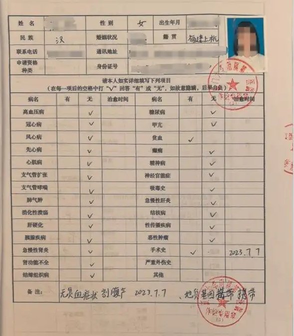 ▲新京报资料图：林芳的体检表。