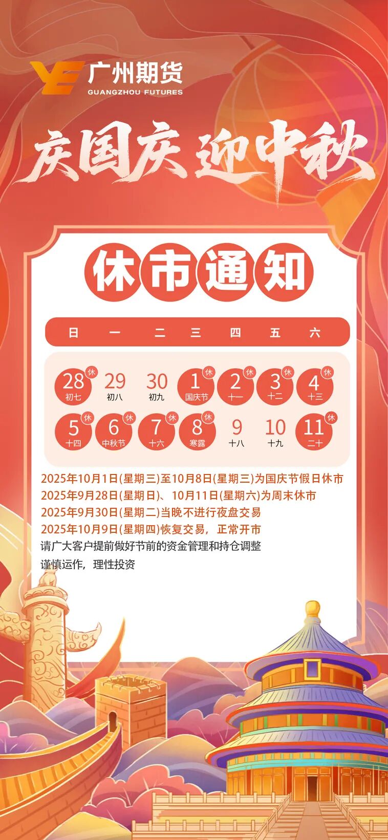 交易提醒丨2025年国庆节休市安排及调整保证金和涨跌停板幅度通知