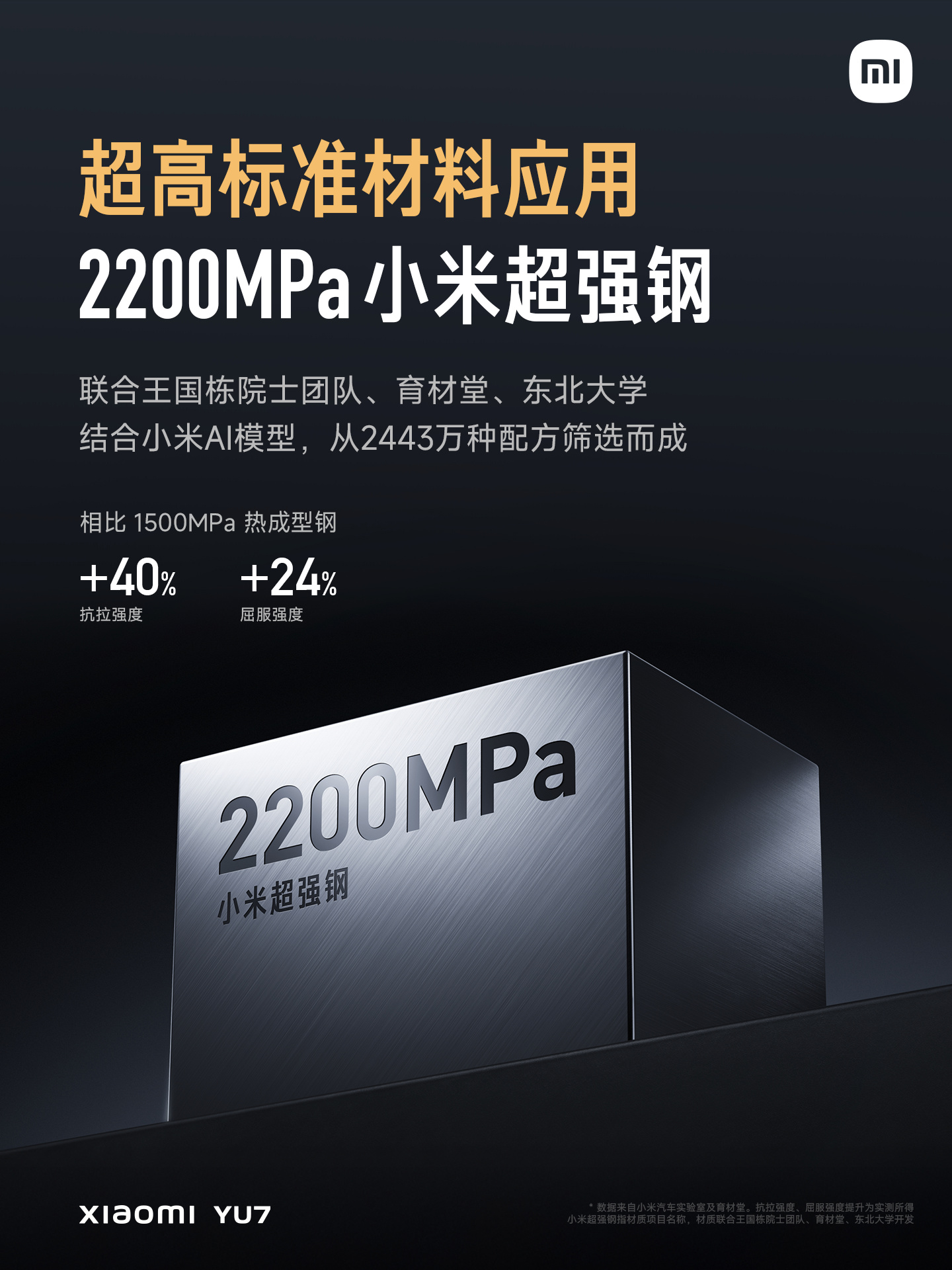 ▲ IT之家附海报右下角小字：小米超强钢指材质项目名称，材质联合王国栋院士团队、育材堂、东北大学开发
