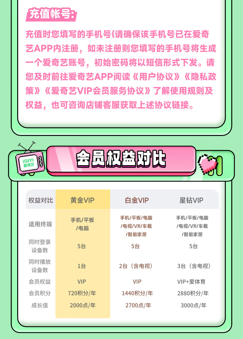 天猫爱奇艺 白金会员年卡支持电视端188 元直达链接