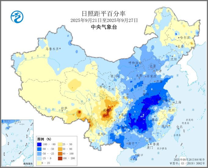 图3 全国日照距平百分率