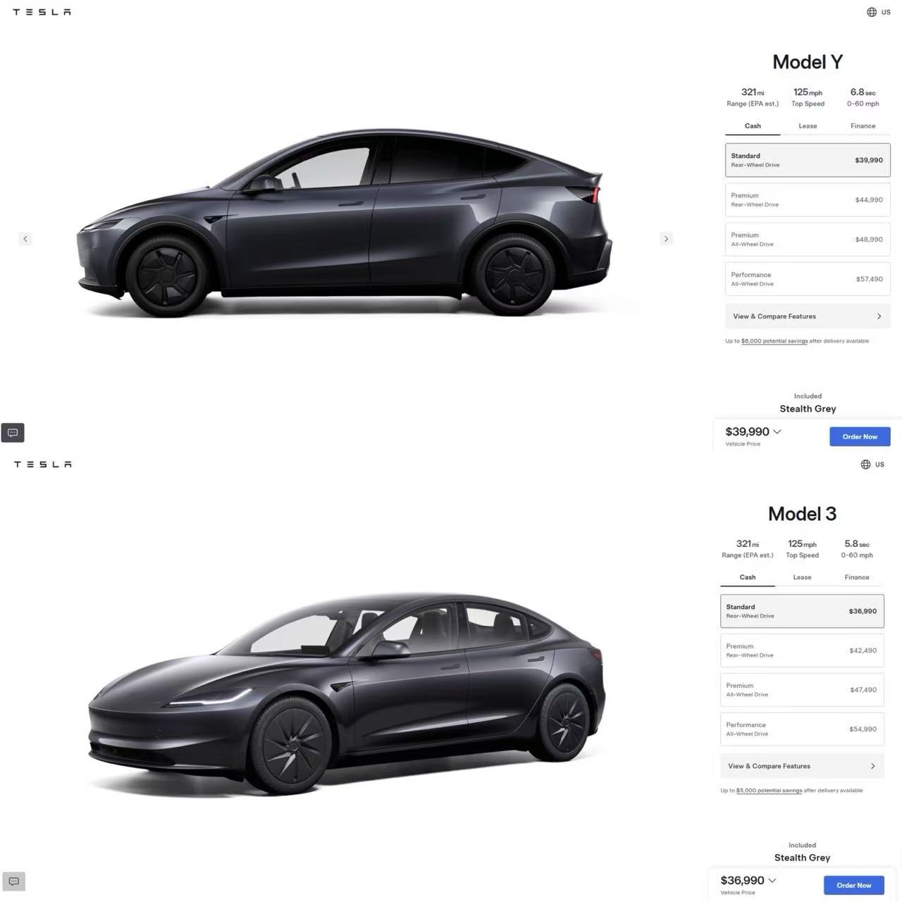 “标准版本ModelY"和“标准版本Model 3" 图片来源：特斯拉美国官网