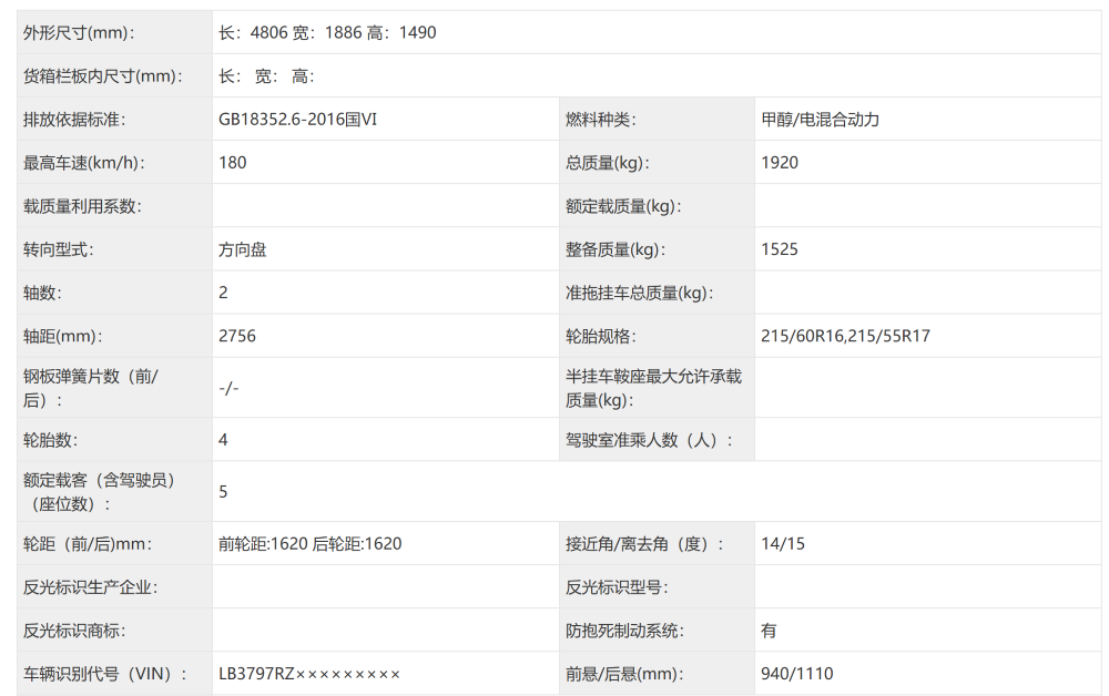 ▲吉利银河星耀6EF版车身尺寸等信息