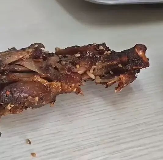 △当事人发布视频，可以看到画面中鸡腿中的蛆虫依旧在蠕动