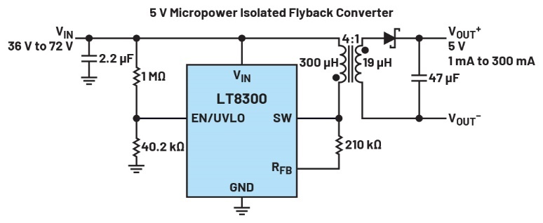 图3 LT8300无光耦反激应用电路（36 V至72 V VIN，5 V VOUT）