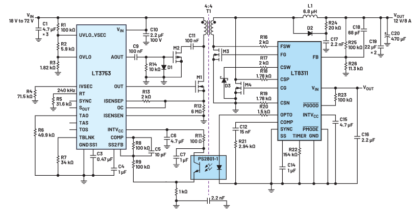 图6 LT8311在正激应用中用作次级侧控制器