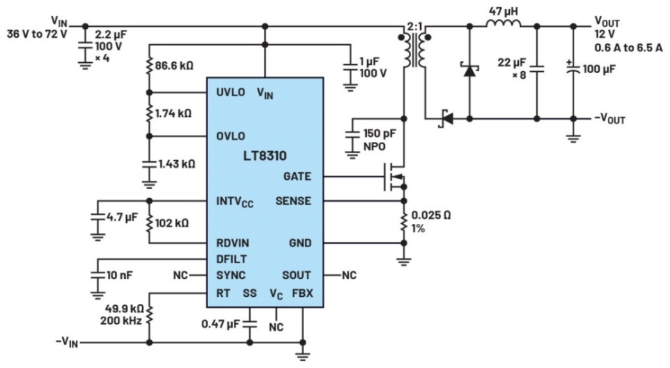 图4 LT8310，12 V输出正激式转换器
