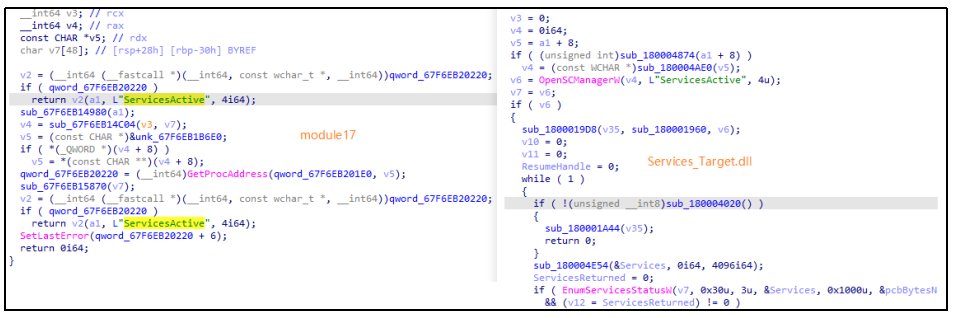 ▲ module17（左）与 Services_Target.dll（右）代码同源性对比