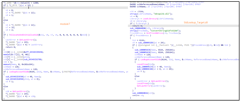 ▲ module7（左）与 SidLookup_Target.dll（右）代码同源性对比