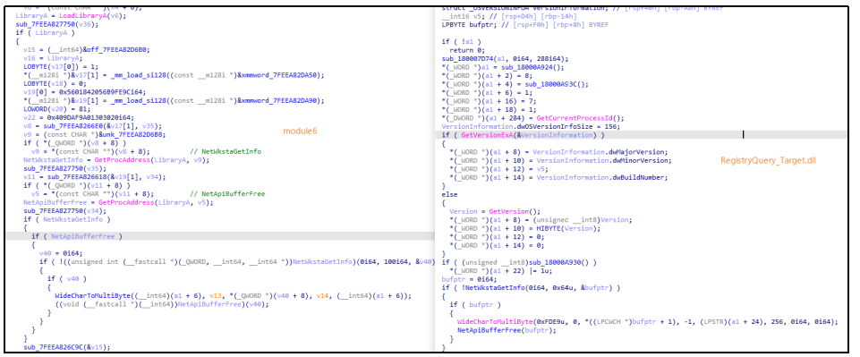 ▲ module6（左）与 RegistryQuery_Target.dll（右）代码同源性对比