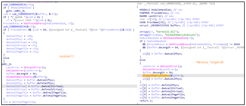 ▲ module13（左）与 Memory_Target.dll（右）代码同源性对比