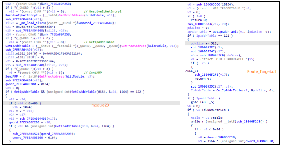 ▲ module20（左）与 Route_Target.dll（右）代码同源性对比