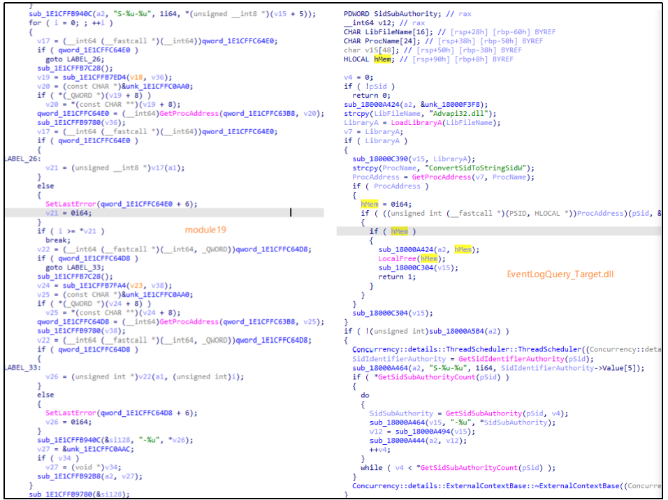 ▲ module19（左）与 EventLogQuery_Target.dll（右）代码同源性对比