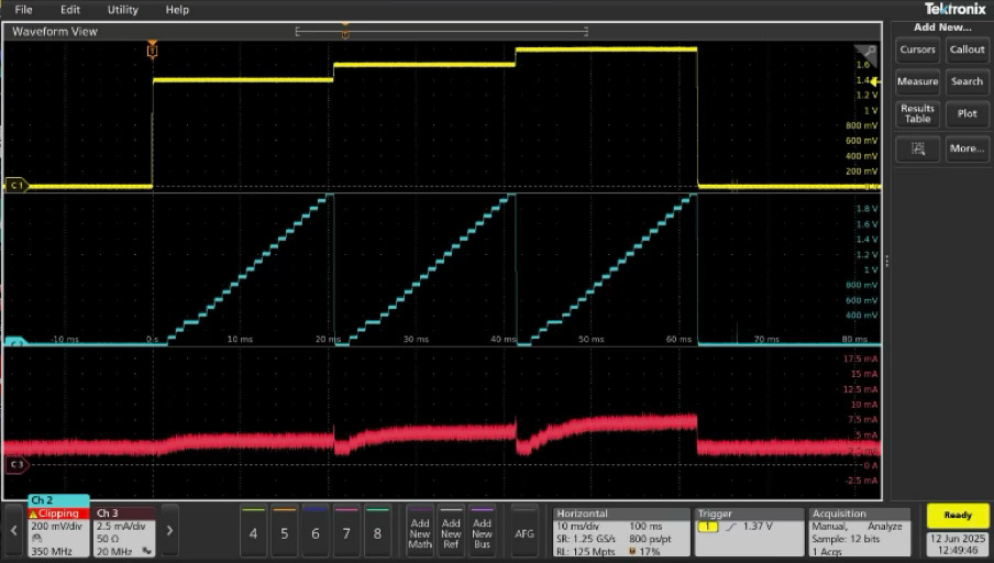图5 MOSFET 曲线族测试输出，栅极电压（上）、漏极电压（中）和漏极电流（下）