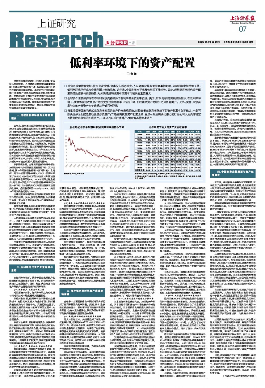 上证研究| 低利率环境下的资产配置