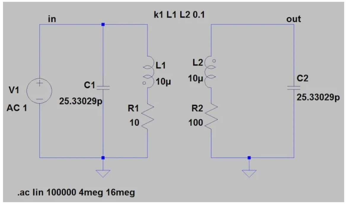 图9 用于检查福斯特-西利鉴频器相移网络的LTspice示意图