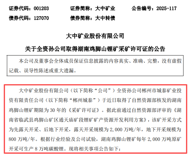 图片来源：大中矿业公告