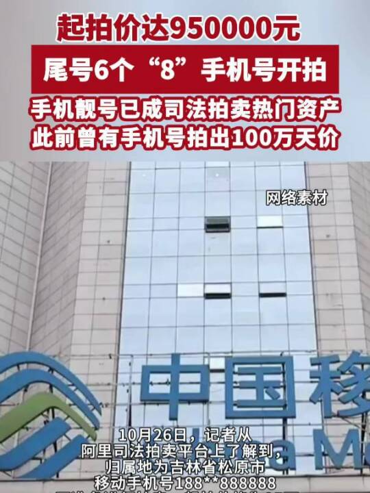 尾号888888手机号95万起拍，上一轮法拍起拍价为100万，有1754人次围观但无人出价