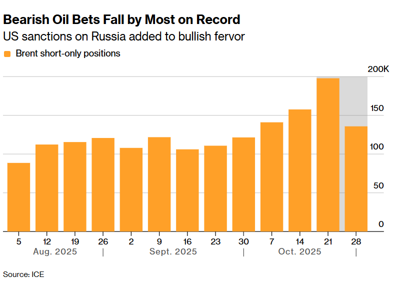 看跌原油押注创纪录下滑——美国对俄罗斯石油出口的加码制裁增添了强劲的布伦特原油看涨热情