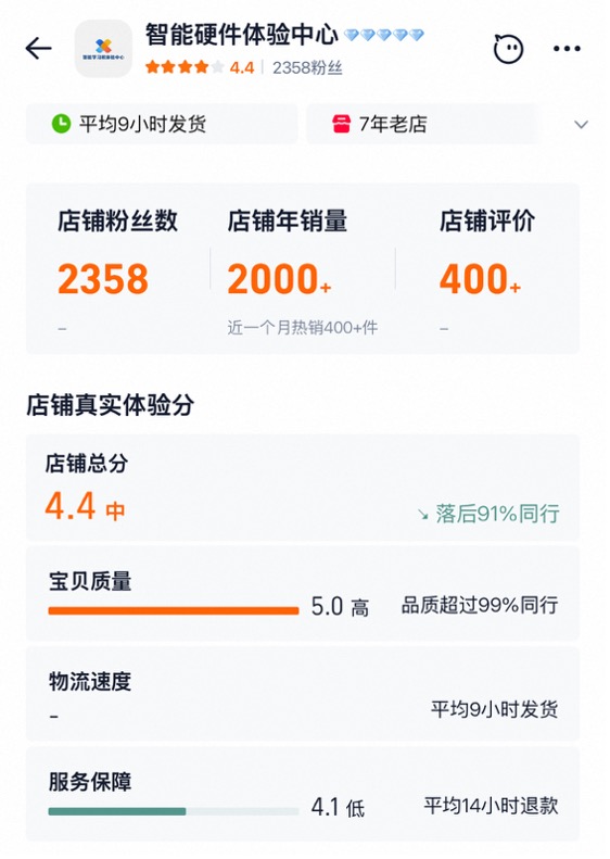 淘宝店铺“智能硬件体验中心”简介。图片来源：界面新闻记者