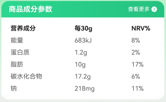 某品牌薯片的营养成分表（图源：电商平台商品详情页）