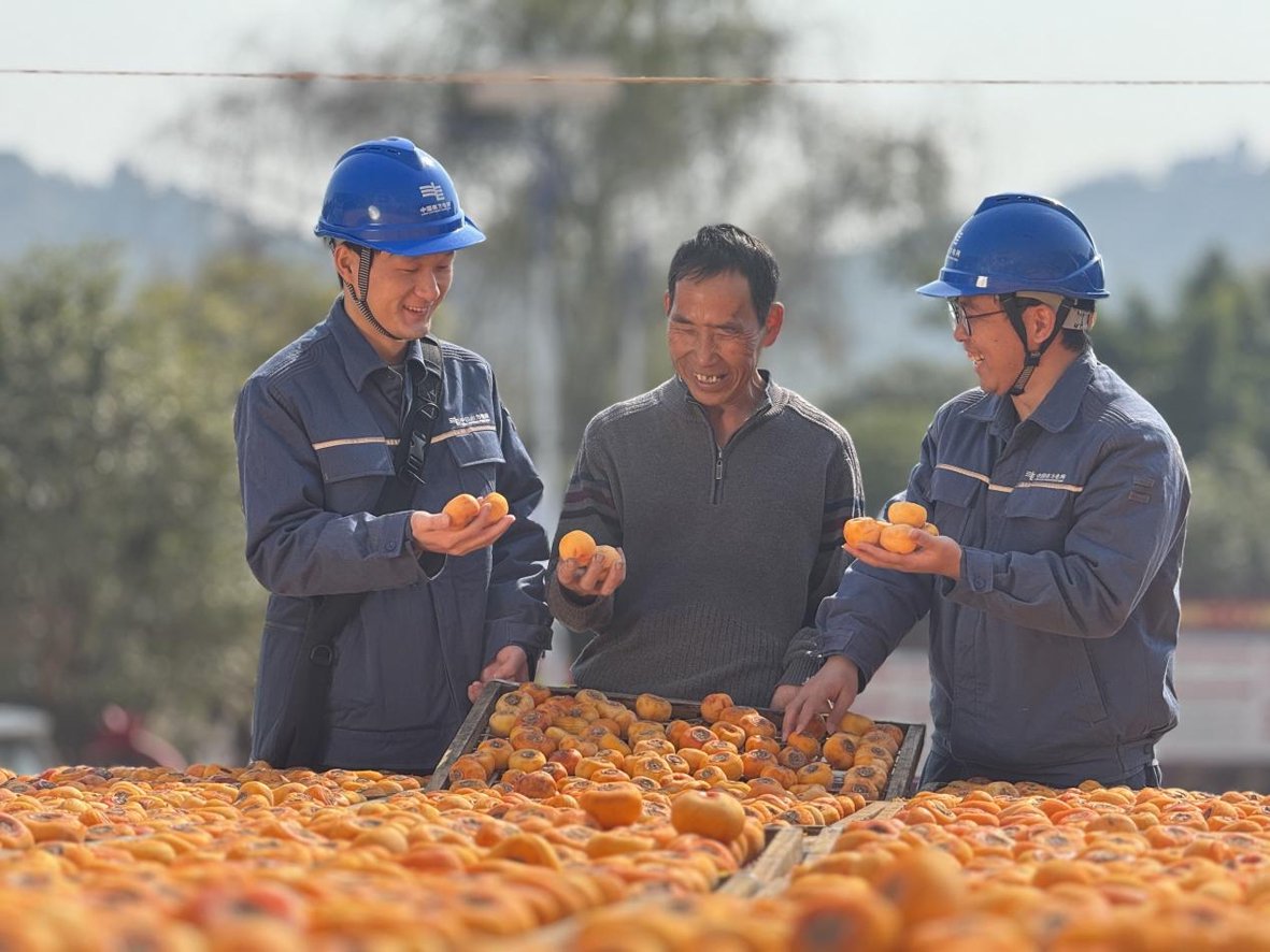 图为柿农向上门服务的平乐供电局服务人员分享丰收喜悦。吴涛　摄