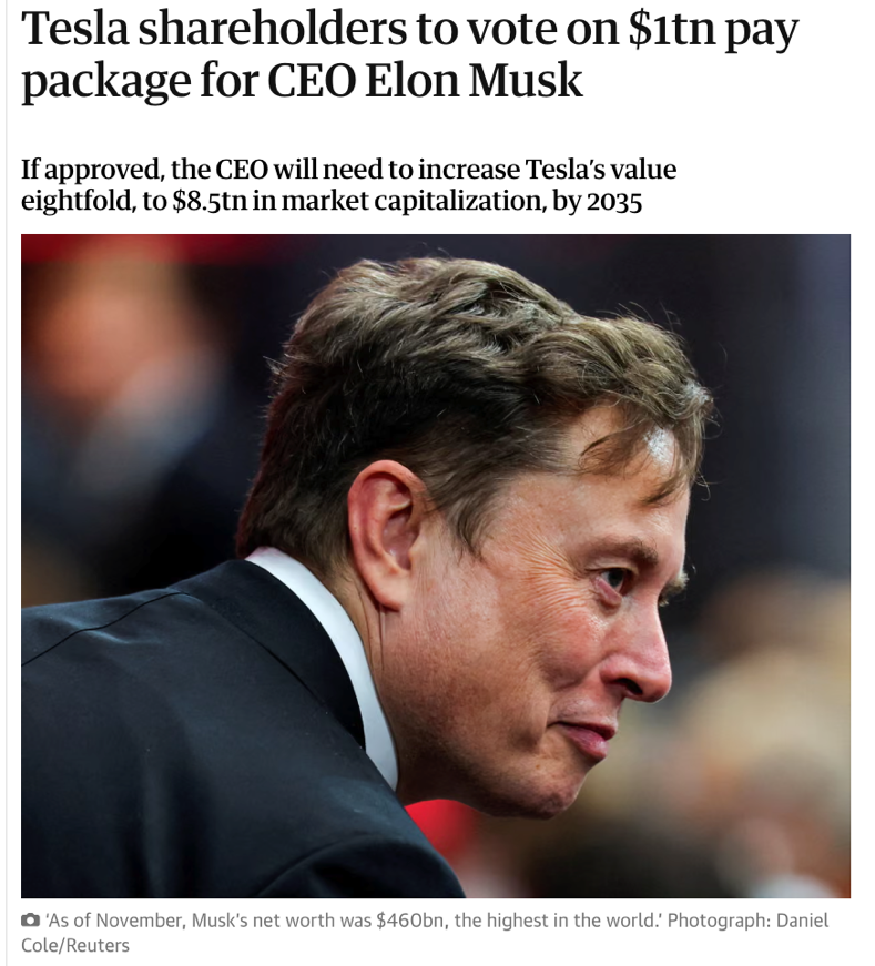 △《卫报》报道，如马斯克薪酬方案获特斯拉股东大会批准，他将可能成为首位万亿富翁