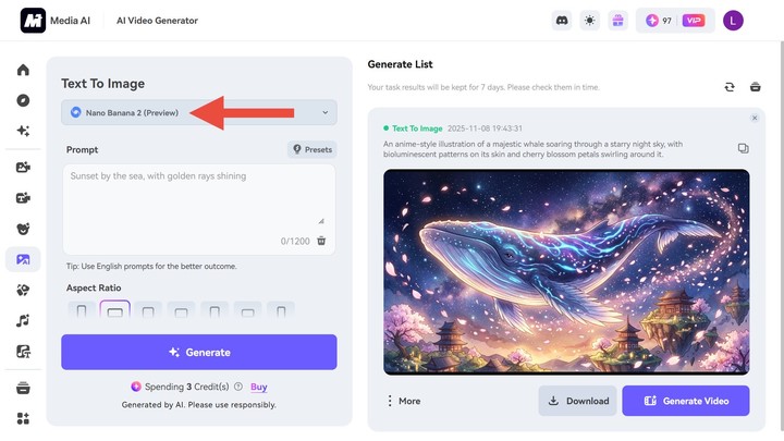 ▲ Media AI（medio.io）目前只有 nano banana 和 Seedream 等其他 AI 生图模型