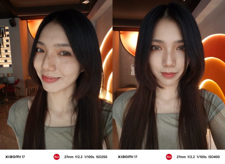 ▲ 左：无美颜直出；右：开启「智能美颜」