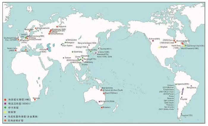 全球主要含铟矿床分布（徐净等，2018）