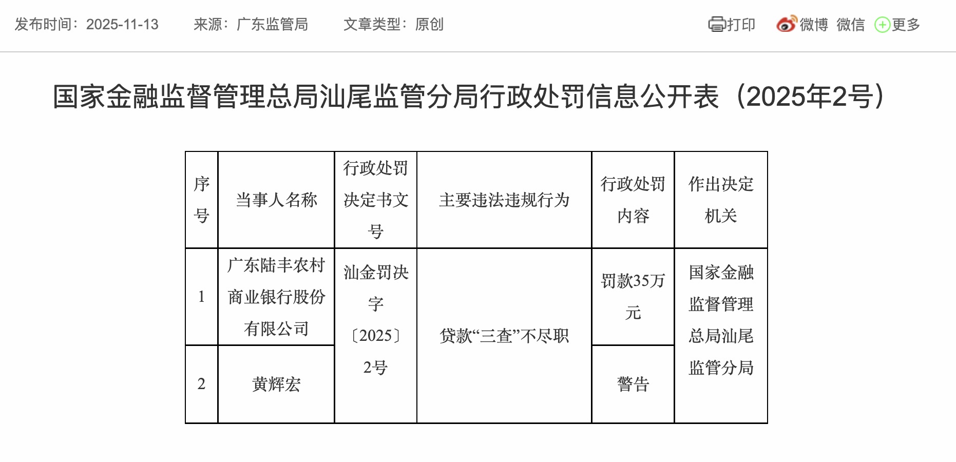 （来源：国家金融监督管理总局汕尾监管分局官网）