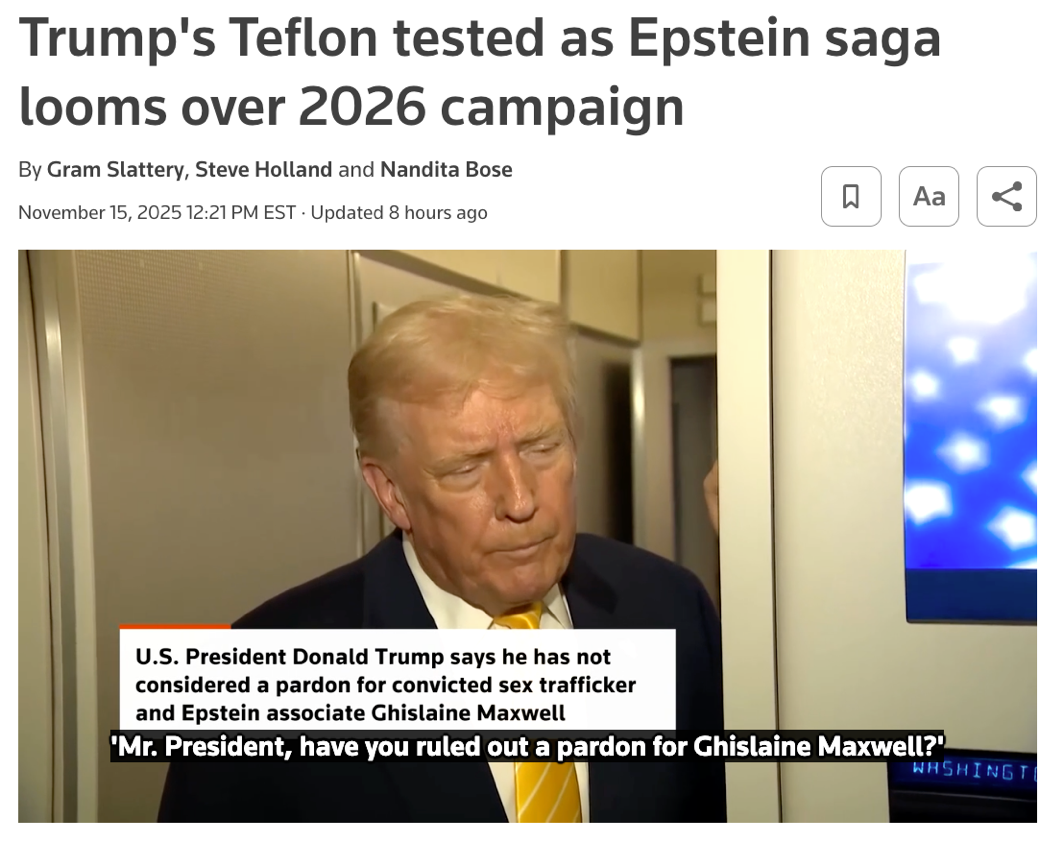 △路透社报道，特朗普刚刚宣布政府“停摆”在其掌控下结束，白宫就被迫开始另一场关于爱泼斯坦的斗争