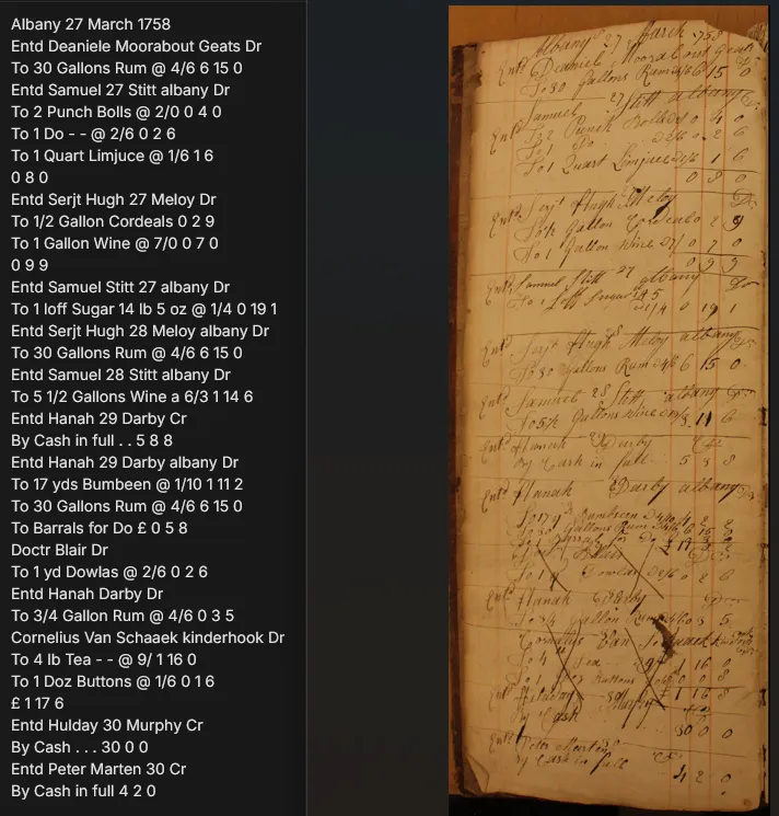 根据新发现的未知 Gemini 型号转录的奥尔巴尼账簿页面