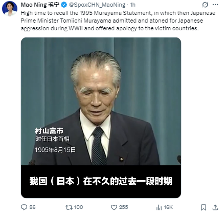 毛宁发布1995年“村山谈话”视频