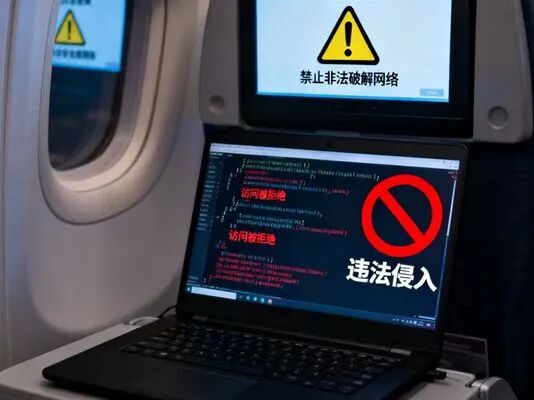 警方提醒,切勿违法侵入飞机上的上网系统(上海机场公安制图)