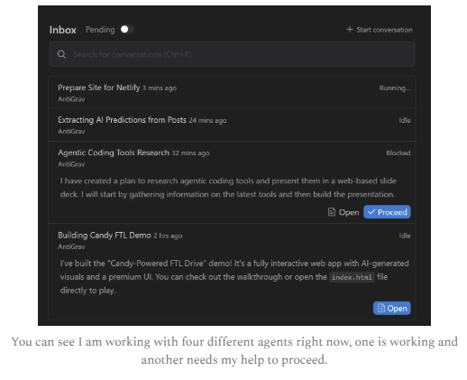 （插图：四个智能体同时跑，一个在干活，一个等我回应）