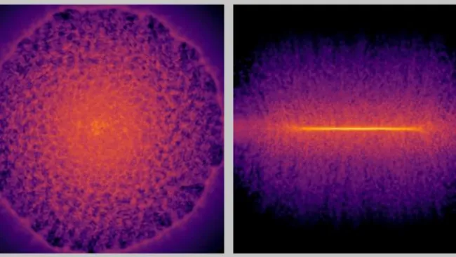利用深度学习智能体模型模拟超新星爆发后气体分布的正面和侧面视图。