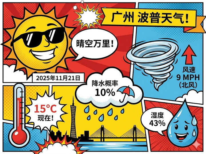 ▲提示词：搜索广州实时天气信息，制作一幅中文波普艺术风格的信息图，4:3
