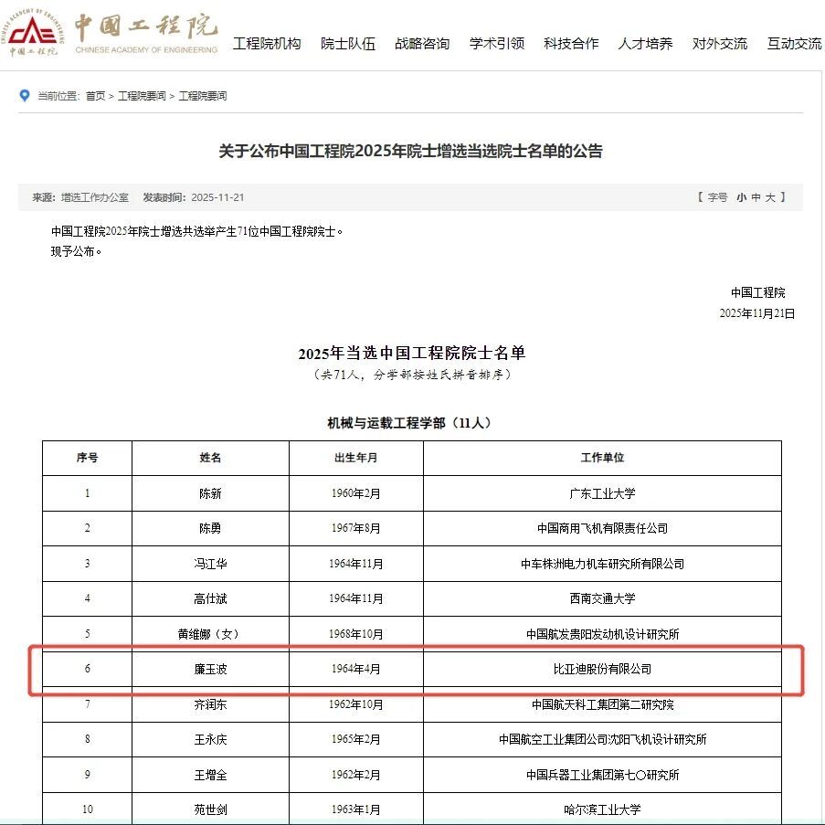 这3位民营企业专家，当选中国工程院院士！分别来自比亚迪、宁德时代、金发科技