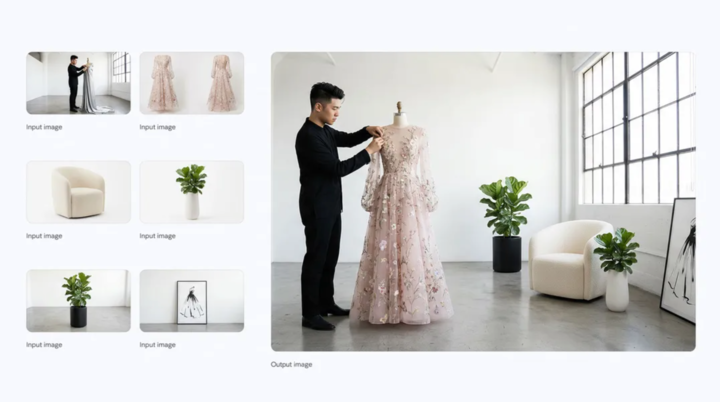 ▲提示词：将这些图像组合成一张 16:9 格式的适当排列的电影图像，并将模特身上的裙子换成图像中的裙子。