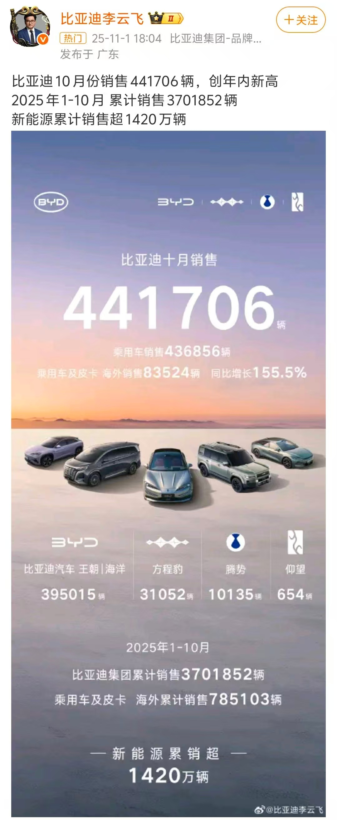 图源:比亚迪李云飞的微博